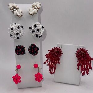 Elegant Beaded Earrings Set - Red, Black, White & Gold